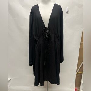 ASOS Design Long Sleeve Plunge Neck Tie Front Dress